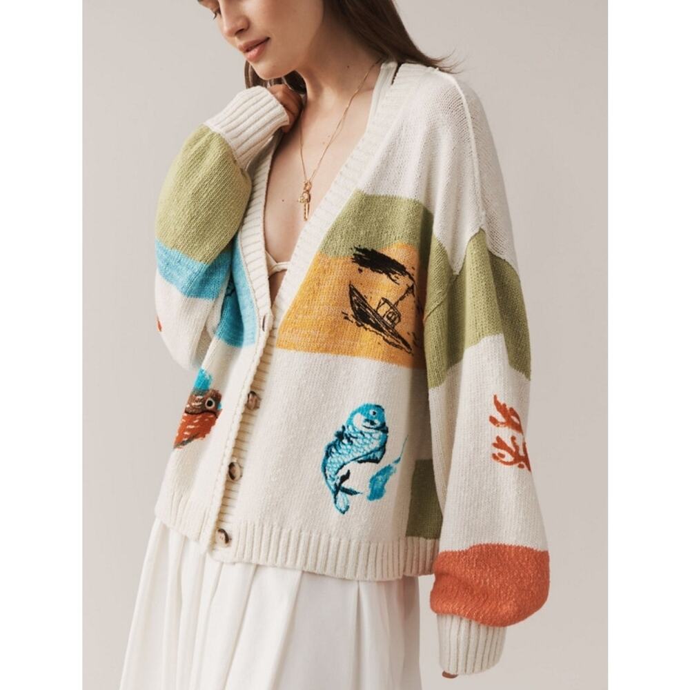 Anthropologie Pilcro Icon Graphic Cardigan Sweater Size Large Coastal Fisherman - Picture 2 of 11